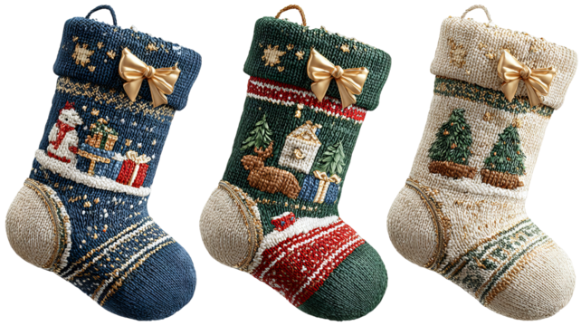 Christmas eve gift stockings png set in green blue and red isolated on transparent background festive winter holiday decorations with snowflake graphics high resolution cutout clipart for cards banner