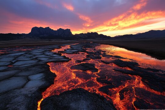 Molten river cuts through landscape under fiery sky