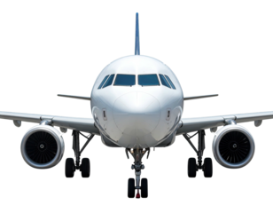 A white jet airliner, head-on view, with a clear focus on the cockpit and engines
