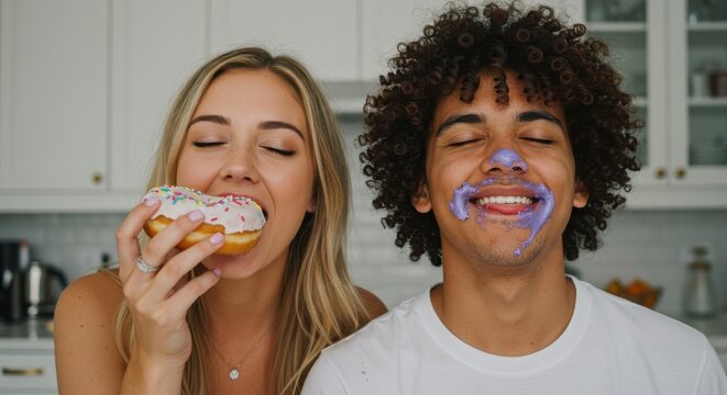 Portrait of a happy couple enjoying a delicious dessert together inside a kitchen setting, with one woman taking a bite from a donut, while the other man has food around his mouth playfully. - Powered by Adobe