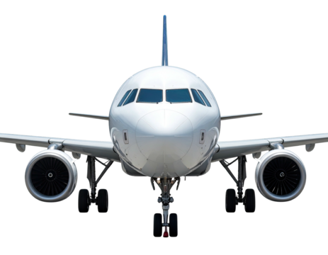 A white jet airliner, head-on view, with a clear focus on the cockpit and engines