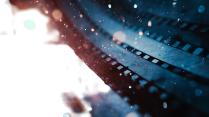 Abstract cinematic still with dark shadow figure and film reel elements.