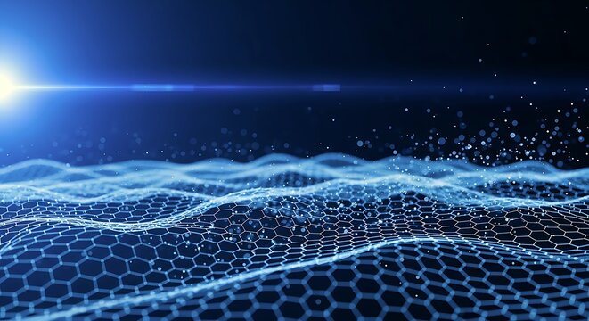 A Wavy Blue Hexagonal Grid Undulates With Glowing Particles, Symbolizing Modern Data Networks, Future Technology, And Digital Information Flow.