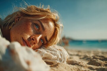 beautifu blonde woman on a beach, lying on sand