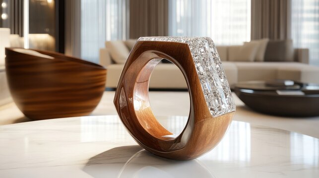 Sculptural wooden ring with crystal inlay on marble, modern interior background
