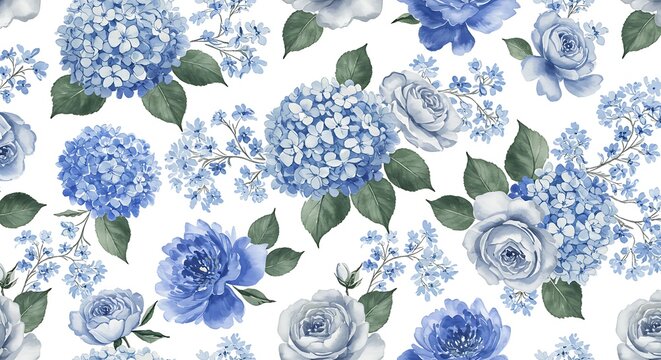 Elegant floral pattern featuring blue hydrangea and rose blooms on white backdrop