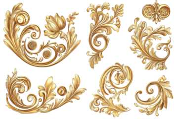 Collection of ornate gold baroque decorative elements isolated on transparent background. Collection set of ornate golden corner decorations isolated on white background.