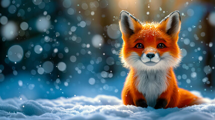 Cute red fox cub in snowy forest, winter wonderland. Copy space.