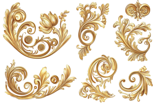 Collection of ornate gold baroque decorative elements isolated on transparent background. Collection set of ornate golden corner decorations isolated on white background. - Powered by Adobe