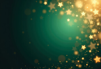 Falling gold stars dark green background. Festive backdrop. Glitter bokeh. Can be used for Holiday, any celebration or party, Christmas, New Year, Valentine’s Day, National Holiday. Copy space