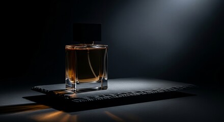 Elegant perfume bottle on reflective surface in dim lighting  