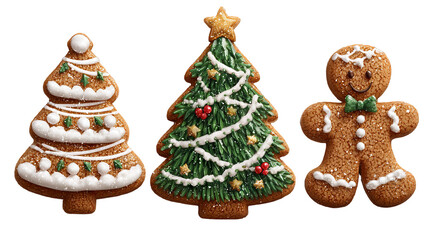 Festive christmas gingerbread cookies set with icing decorations png element isolated on white transparent background tree gingerbread man and mistletoe holiday dessert clipart for cards 