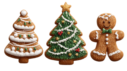 Festive christmas gingerbread cookies set with icing decorations png element isolated on white transparent background tree gingerbread man and mistletoe holiday dessert clipart for cards 