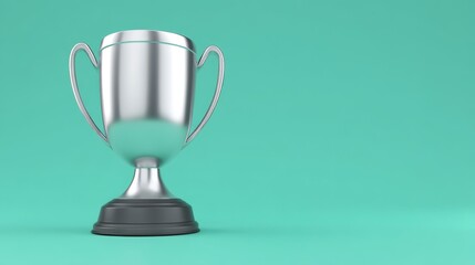 Close up view of a gleaming silver trophy positioned against a vibrant green backdrop.