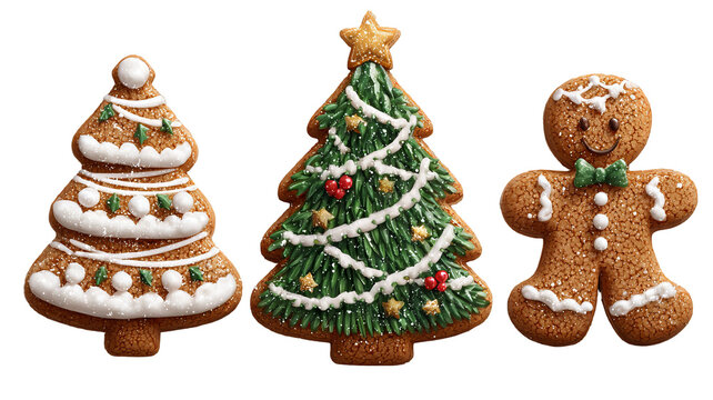Festive christmas gingerbread cookies set with icing decorations png element isolated on white transparent background tree gingerbread man and mistletoe holiday dessert clipart for cards 