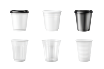 Collection of disposable plastic cups isolated on transparent background. Collection set of plastic cups isolated on white background.