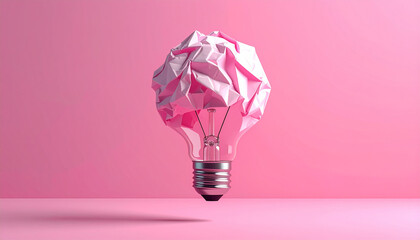 Инновационные идеи 3D-рендеринга плавающей лампочки из мятой бумаги на розовом фоне
1