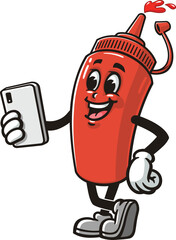 Cartoon mascot of a ketchup bottle holding a gadget or smartphone
