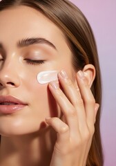 Young woman applying cream on her face in a soft light setting  