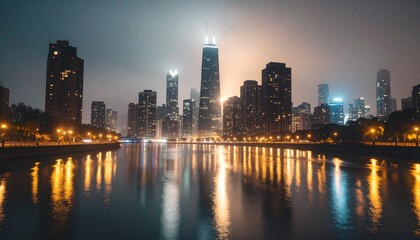Fototapeta premium Night Cityscape with Skyscraper Reflections on Water