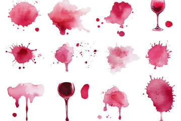 Collection of red wine stains and splashes isolated on transparent background. Collection set of red wine stains isolated on white background.