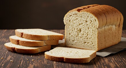 Freshly baked sliced loaf of bread on a wooden surface