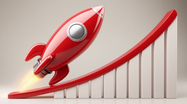 Illustration of a red rocket ascending above a rising bar chart symbolizing growth and progress.