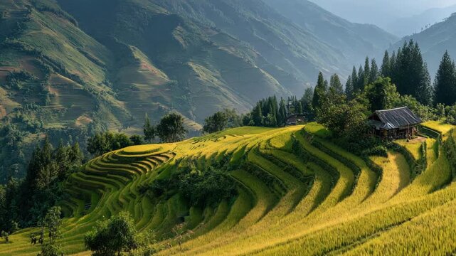 Ultra HD Picturesque rice terraces in sapa video vietnam, with a traditional house on the hill video, aerial view of mountain rice field video, mountain rice fields video