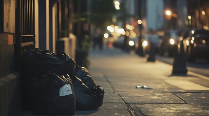Row of black trash bags neatly lined up on a city sidewalk early in the morning with the soft glow of streetlights casting gentle shadows suggesting urban cleanup efforts