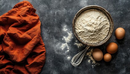 Baking prep Flour, eggs, whisk, and orange cloth