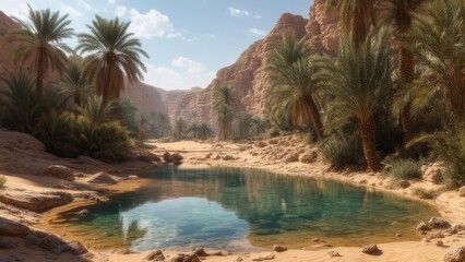 Fototapeta premium Desert oasis with palm trees and clear pool