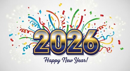 Happy New Year 2026 Celebration Banner with Confetti and Fireworks