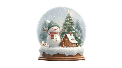 Snow globe with snowman and christmas tree in cozy cabin scene isolated high resolution glass dome winter holiday decoration festive clipart for cards invitations posters packaging and decor
