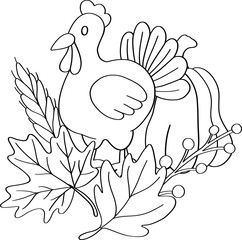 Thanksgiving holiday outline design with pumpkin pie roasted turkey and fall food