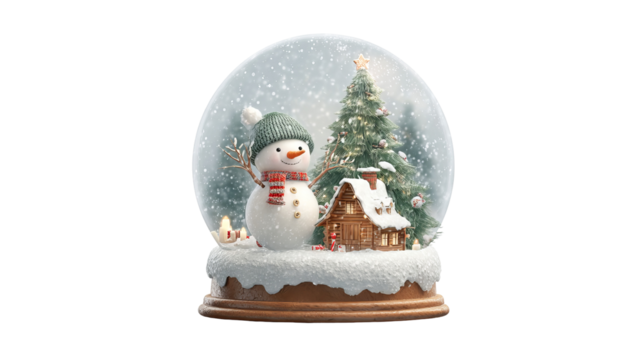 Snow globe with snowman and christmas tree in cozy cabin scene isolated high resolution glass dome winter holiday decoration festive clipart for cards invitations posters packaging and decor