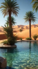 Fototapeta premium Desert oasis with palm trees and swimming pool