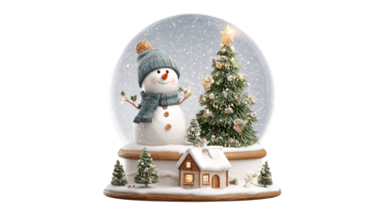 Snow globe with snowman and christmas tree in cozy cabin scene isolated high resolution glass dome winter holiday decoration festive clipart for cards invitations posters packaging and decor