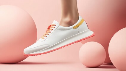 White shoe, pink accents, floats against pink sphere backdrop