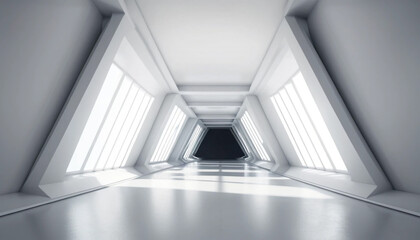 Futuristic white corridor with geometric patterns and bright lights