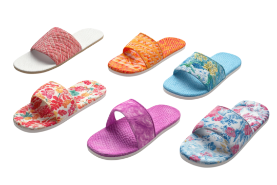 Pairs of colorful patterned slippers isolated on transparent background. Collection set of slippers isolated on white background. - Powered by Adobe