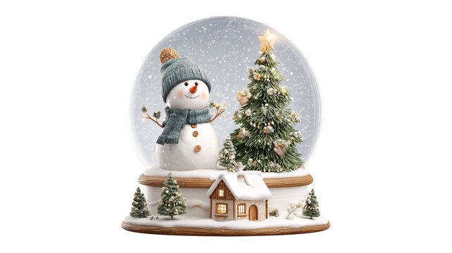 Snow globe with snowman and christmas tree in cozy cabin scene isolated high resolution glass dome winter holiday decoration festive clipart for cards invitations posters packaging and decor