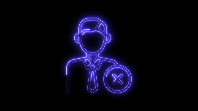 Neon style unemployed employee icon with dismissed symbol on black background concept