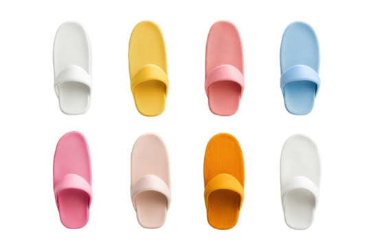 Pairs of colorful patterned slippers isolated on transparent background. Collection set of slippers isolated on white background.