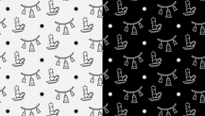 ghost garlands and candle with star doodle pattern on black white background set for halloween packaging, merchandise. ghost decors and gothic candle hand drawn seamless pattern. vector illustration