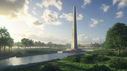 Fototapeta premium Serene Vista: Monumental Obelisk by a Tranquil Waterway