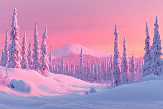 Snowy hills, fir trees under pastel pink sky