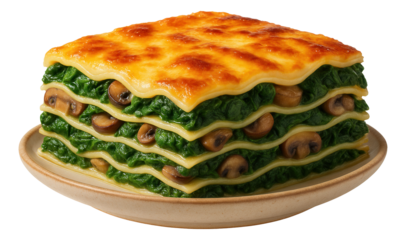 Small piece of broccoli and cheddar lasagna, with visible vegetable bits, on a bamboo cutting board