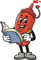 Cartoon mascot of a ketchup sauce bottle holding a book
