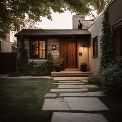 Charming Front Yard with Wide Stone Path, Mature Trees, and Warm Residential Entrance, Perfect for Relaxing Outdoor Spaces