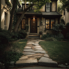 Inviting Private Front Garden with Stone Pathway, Tall Trees, and Elegant Residential Home in Natural Light